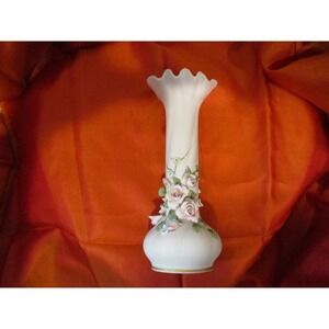 Lefton Pink Vase applied flowers Japan bud 1040 green leaves matte pink‎